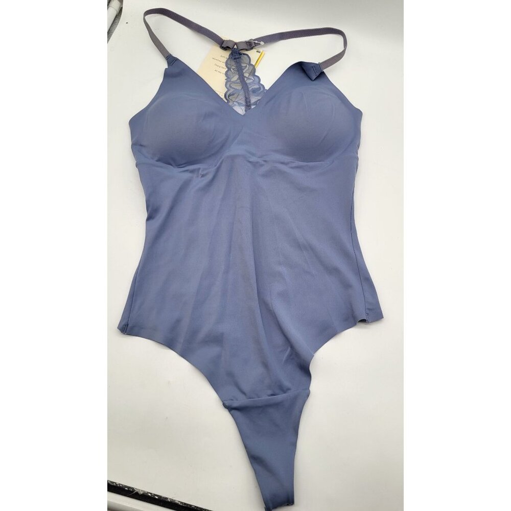 True & Co SZ Small V Neck Soft Lace Racerback Bodysuit Thong Wire Free